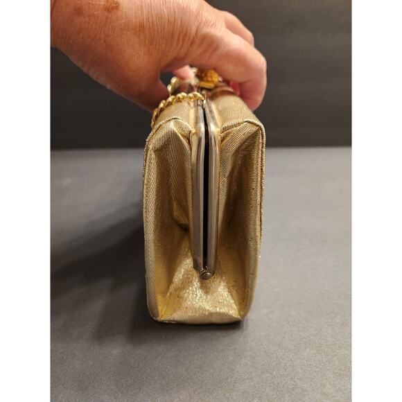 MIDCENTURY Vtg 50s 60s Gold Lame Evening Bag Framed Attached Chain Special Event - Picture 10 of 11
